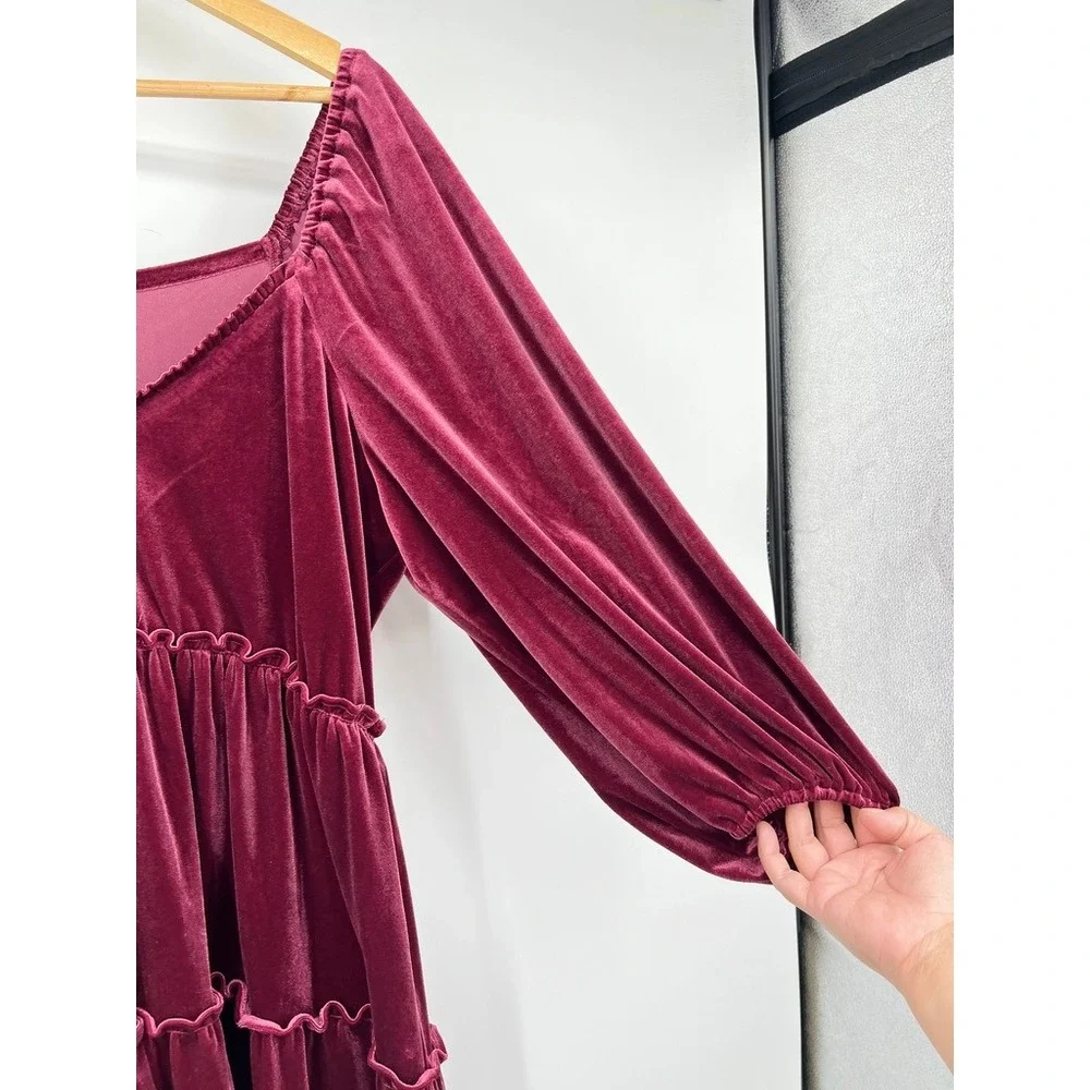 Betsey Johnson Burgundy Velvet Tiered Mini Dress Bishop Sleeve JL308559 Womens L - Picture 5 of 7